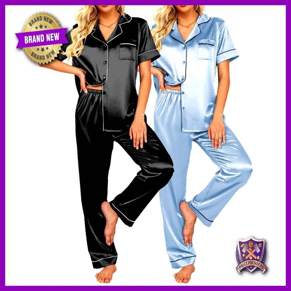Satin Pajama Set Women's Short Sleeve Button Down Loungewear Sleepwear